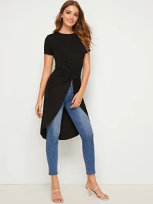 SHEIN Essnce Twist Front High Low Hem Top - Black - View 4
