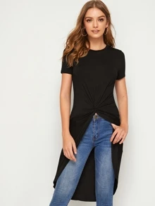 SHEIN Essnce Twist Front High Low Hem Top - Black - View 1