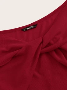 SHEIN 素色前扭結羅紋針織上衣 - 酒紅色 - 查看 4