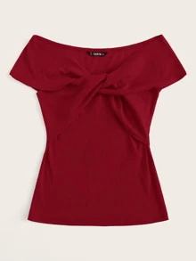 SHEIN 素色前扭結羅紋針織上衣 - 酒紅色 - 查看 3