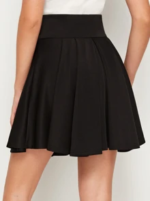 SHEIN 寬版腰帶四四方方百褶喇叭半身裙 - 黑色 - 查看 3