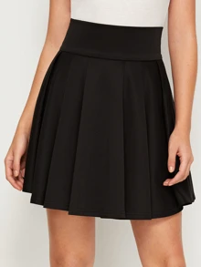 SHEIN 寬版腰帶四四方方百褶喇叭半身裙 - 黑色 - 查看 4