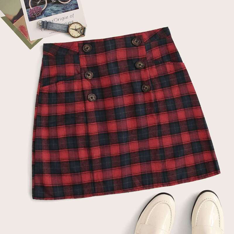 

Tartan Double Button Skirt, Red