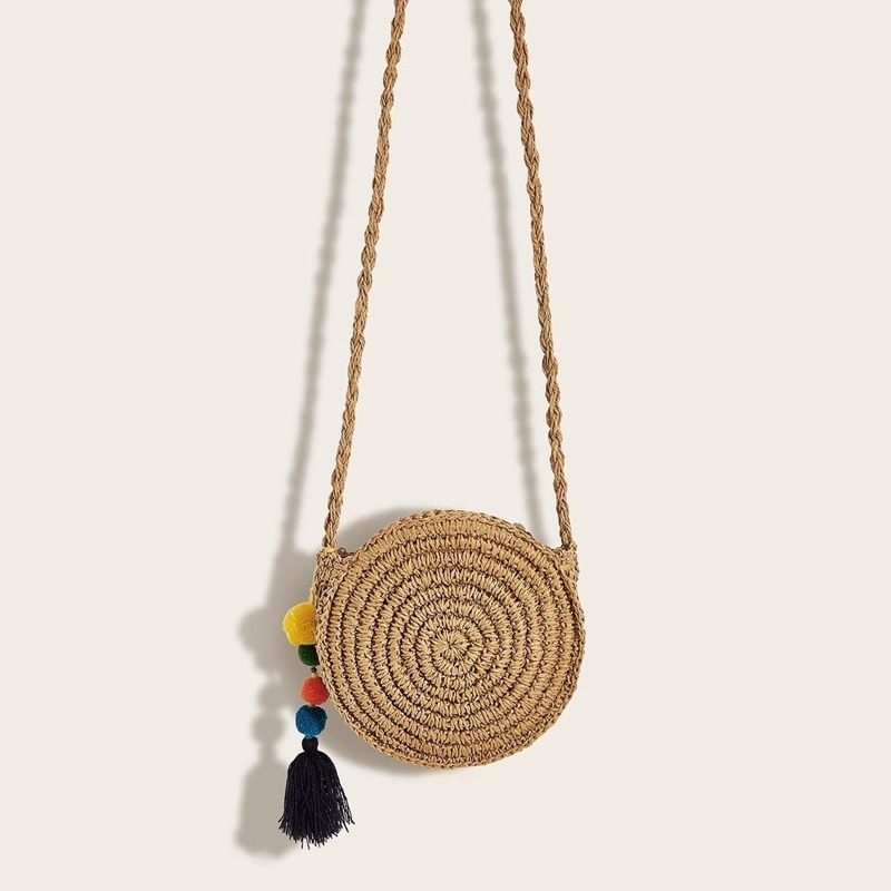 

Pom Pom & Tassel Decor Woven Bag, Brown