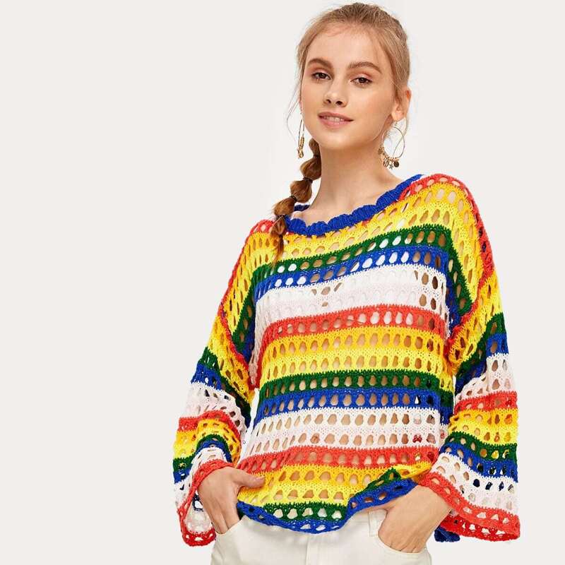 

Colorful Stripe Cut Out Sheer Jumper, Multicolor