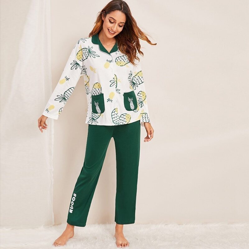 

Pineapple Print Button-up Pajama Set, Multicolor