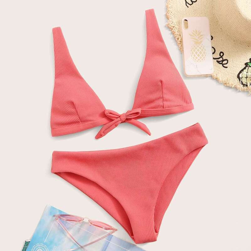 

Textured Knot Front Top With Cheeky Bikini Set