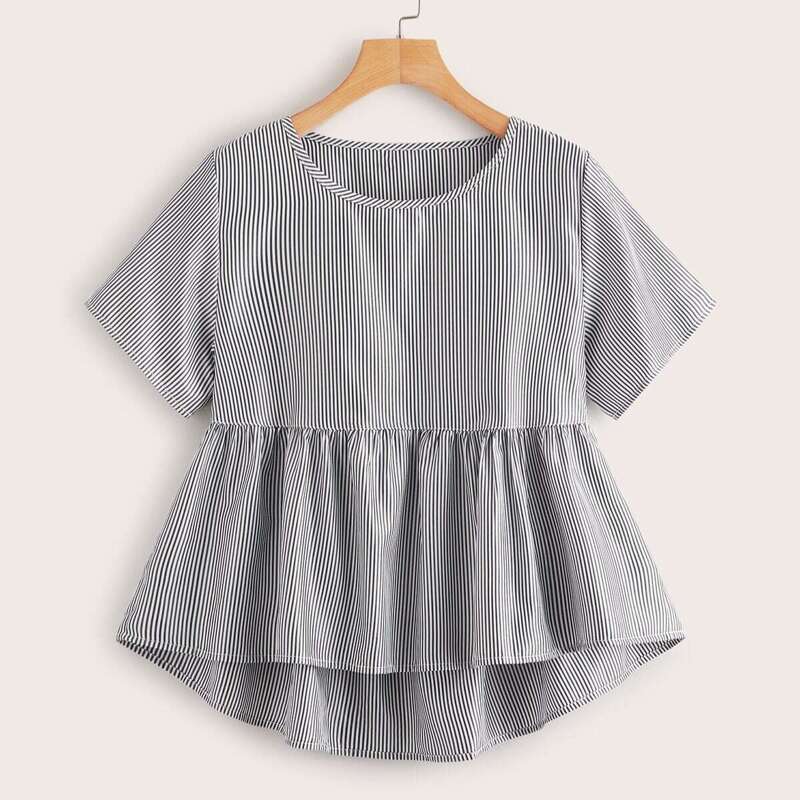

Striped Ruffle Hem Smock Blouse, Black and white