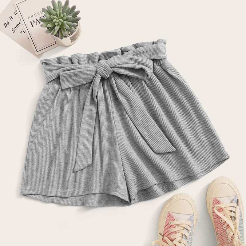 

Solid Wide Leg Belted Paperbag Shorts, Grey