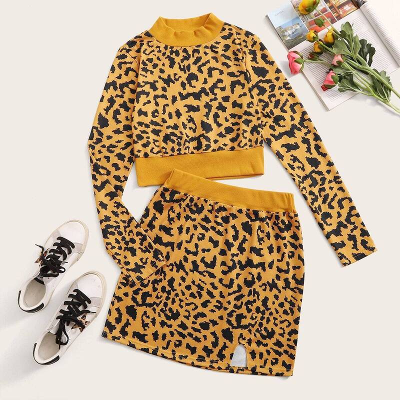 

Leopard Print Mock Collar Sweater & Sweater Skirt, Yellow