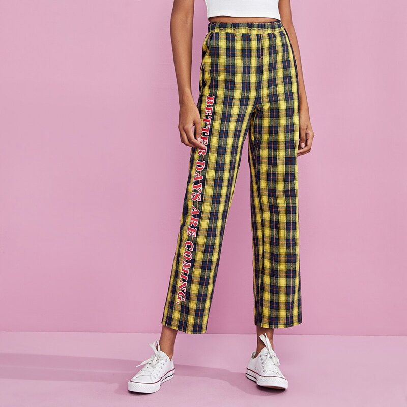 

Elastic Waist Tartan Plaid & Letter Print Pants, Multicolor