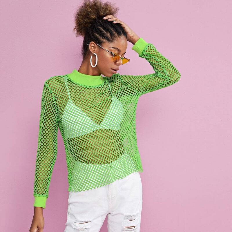 

Fishnet Sheer Tee Without Bra, Green
