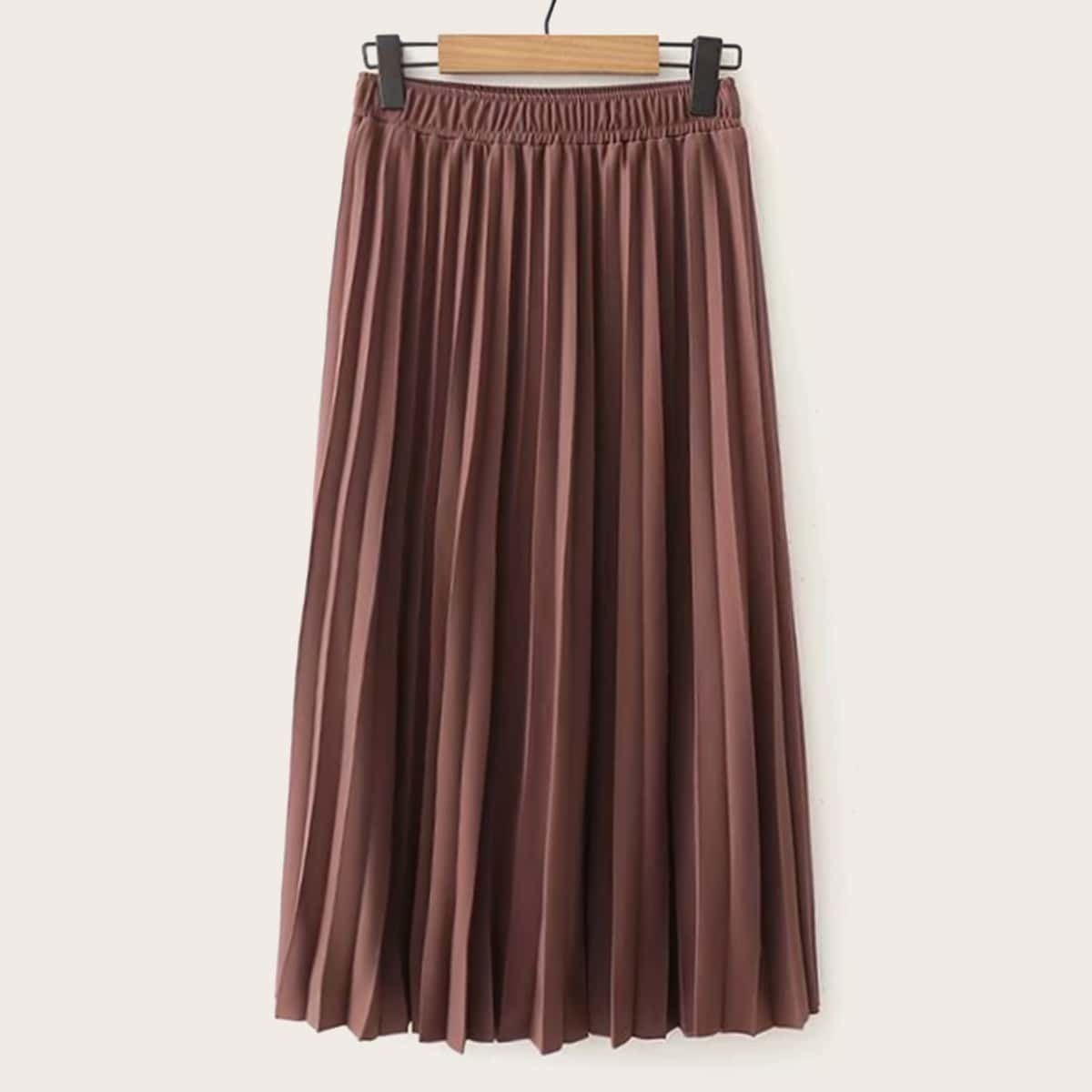 

Elastic Waist Pleated Skirt, Brown