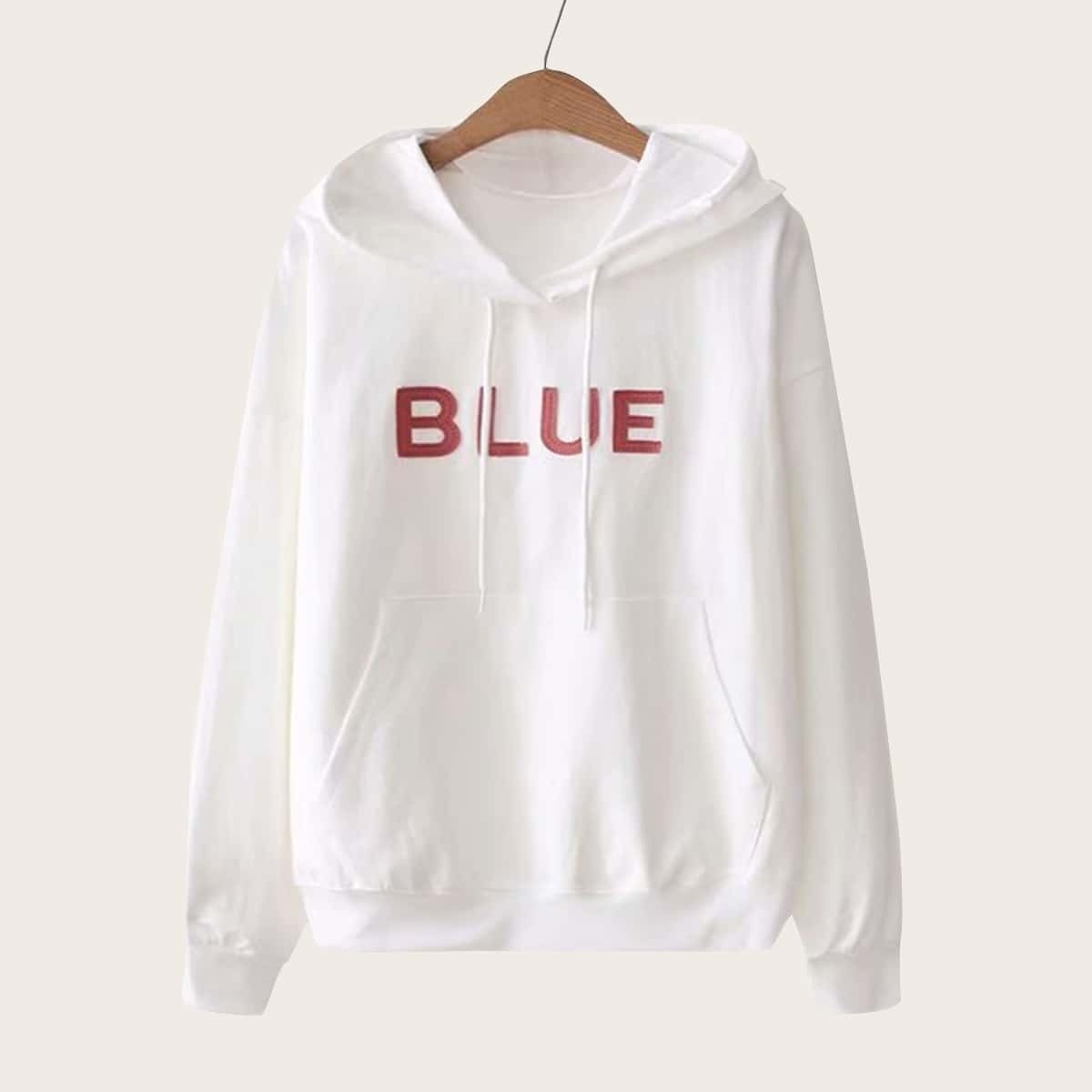 

Letter Print Kangaroo Pocket Hooded Sweatshirt, White