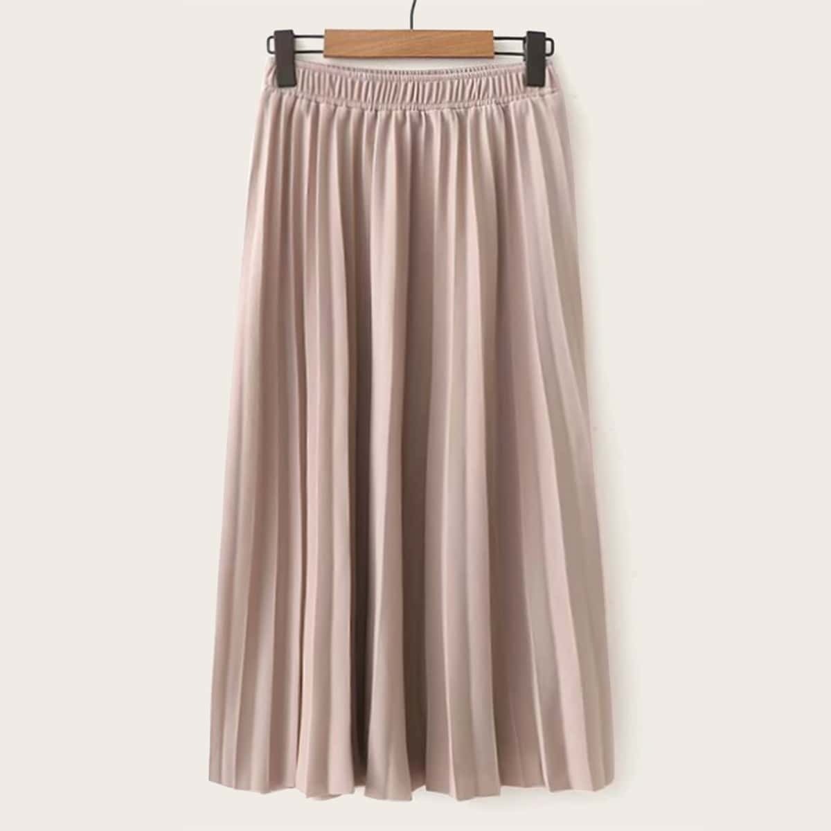 

Elastic Waist Pleated Skirt, Khaki pastel