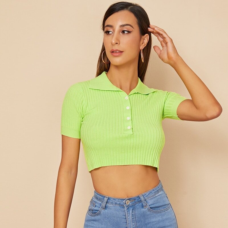 

Neon Green Polo Neck Button Front Knit Top