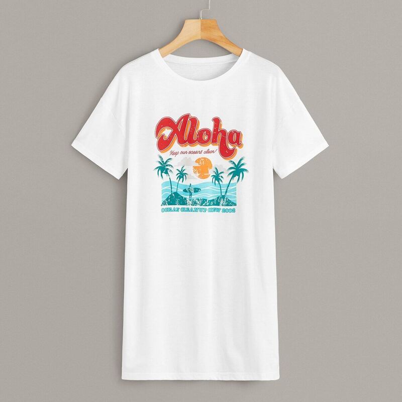 

Letter And Tropical Print Tee Dress, White