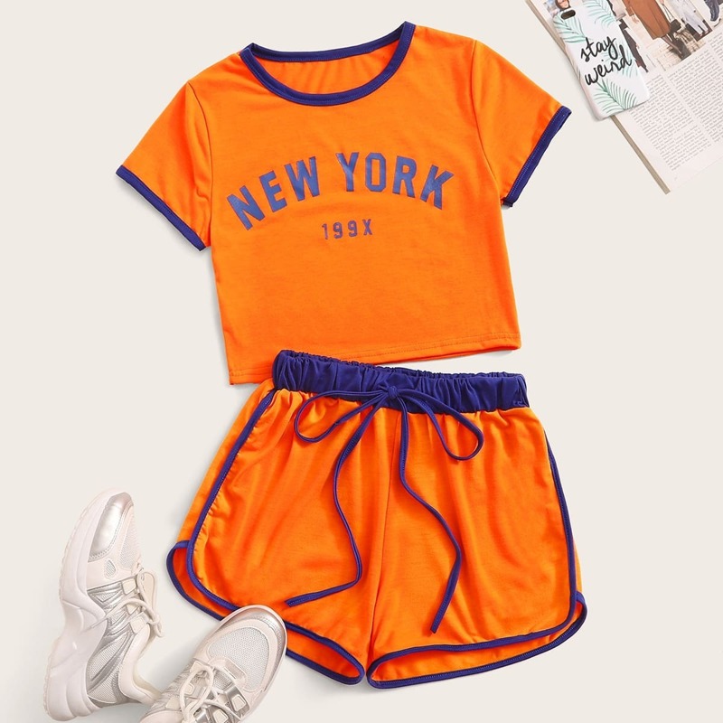 

Contrast Binding Letter Print Tee With Shorts, Orange