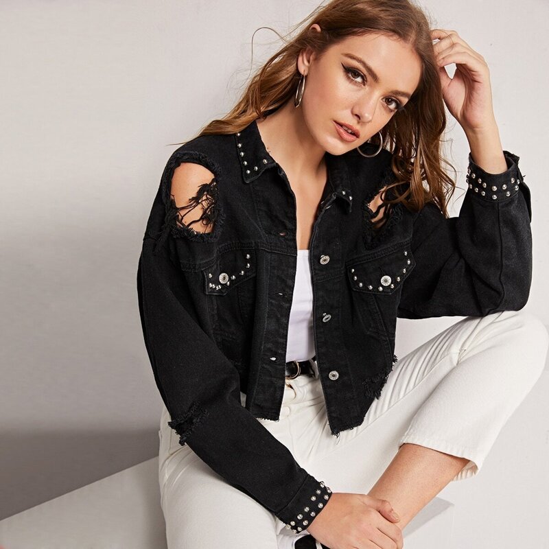 

Beaded Detail Ripped Crop Denim Jacket, Black