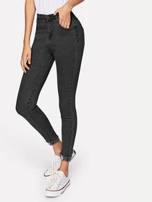 Quần jean Hem thô màu trơn màu đen Casual - màu đen - Xem 1