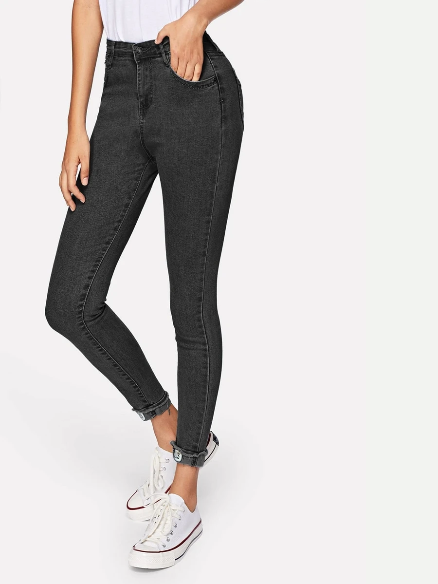 Quần jean Hem thô màu trơn màu đen Casual - màu đen - Xem 1