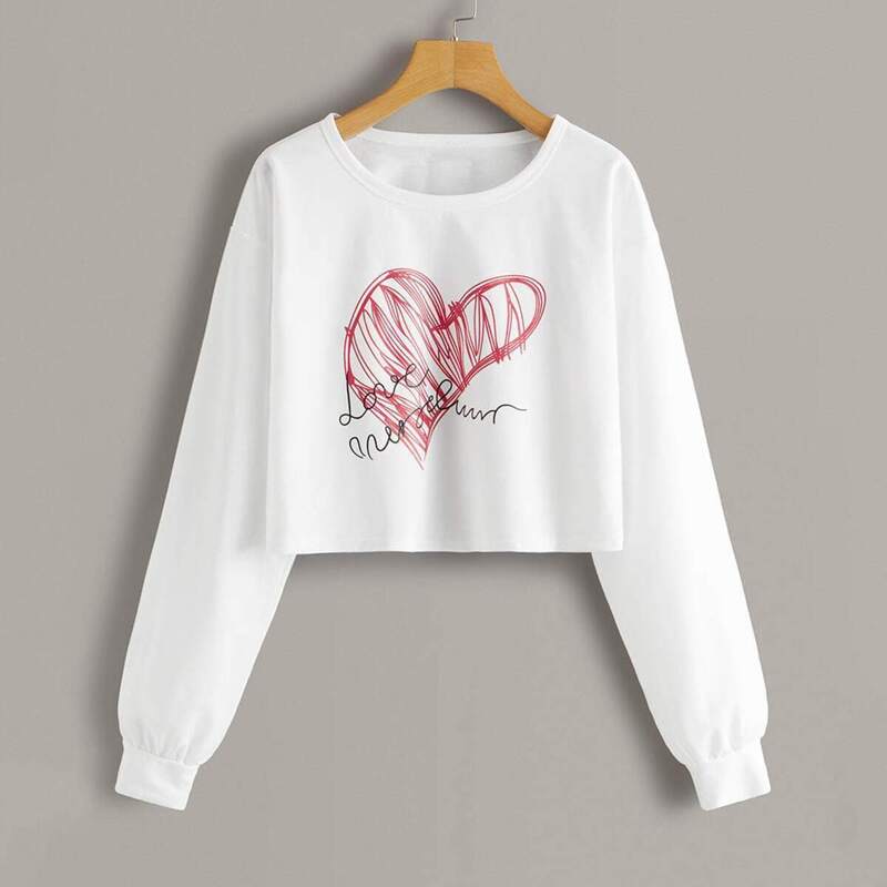 

Slogan and Heart Print Pullover, White