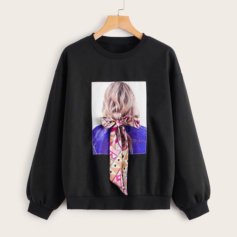 Knot Detail Figure Patched Sweatshirt, Black