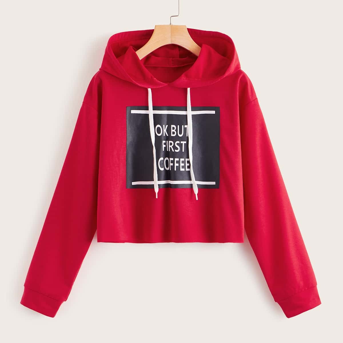 

Slogan Print Colorblock Hoodie, Red