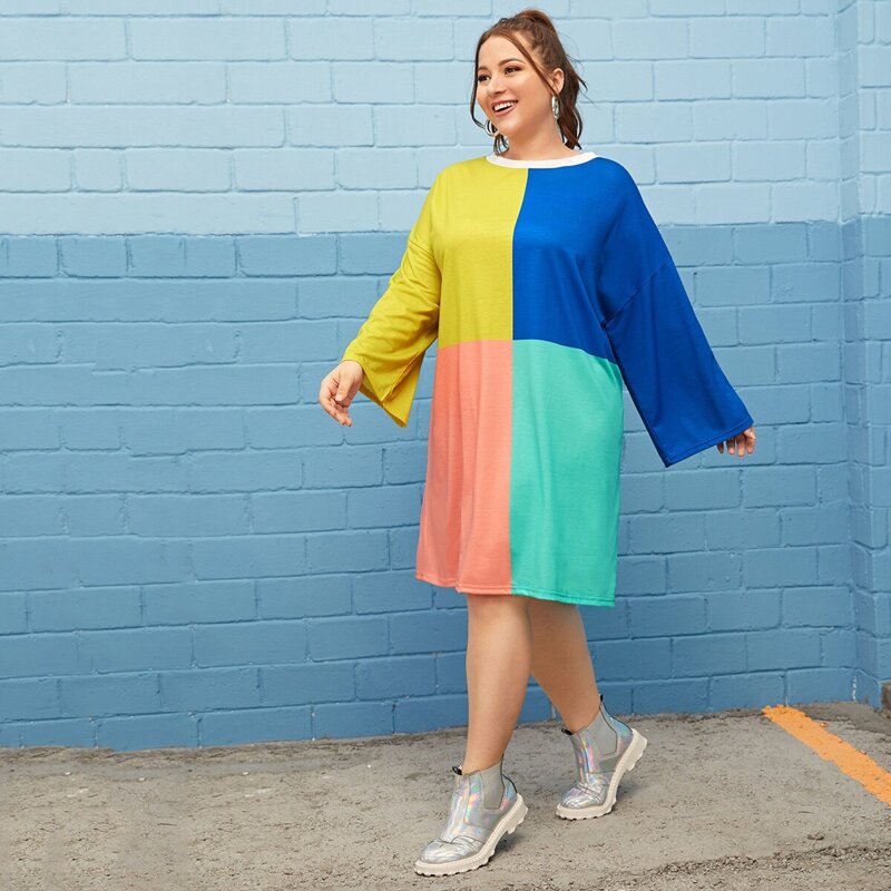 

Plus Colorblock Long Sleeve Midi Dress, Multicolor