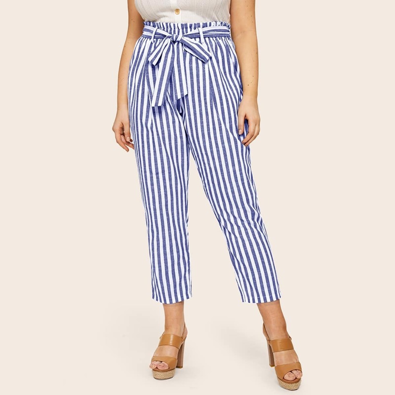 

Plus Striped Belted Pants, Blue