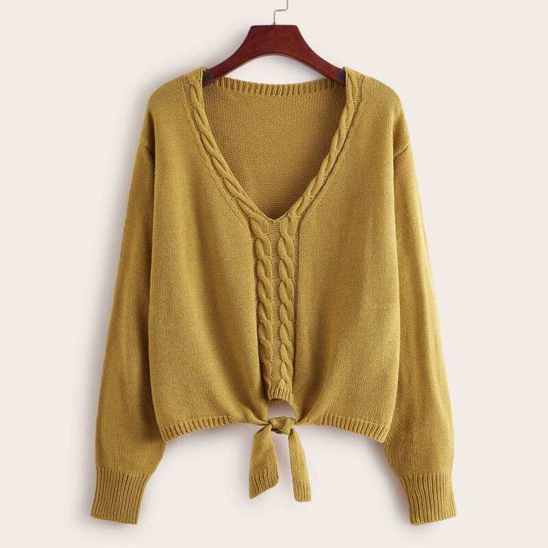 

Cable Pattern Knot Hem Sweater, Yellow