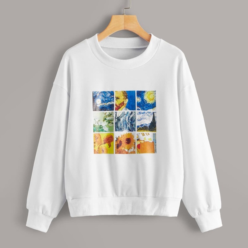 

Oil Painting Print Drop Shoulder Sweatshirt, White