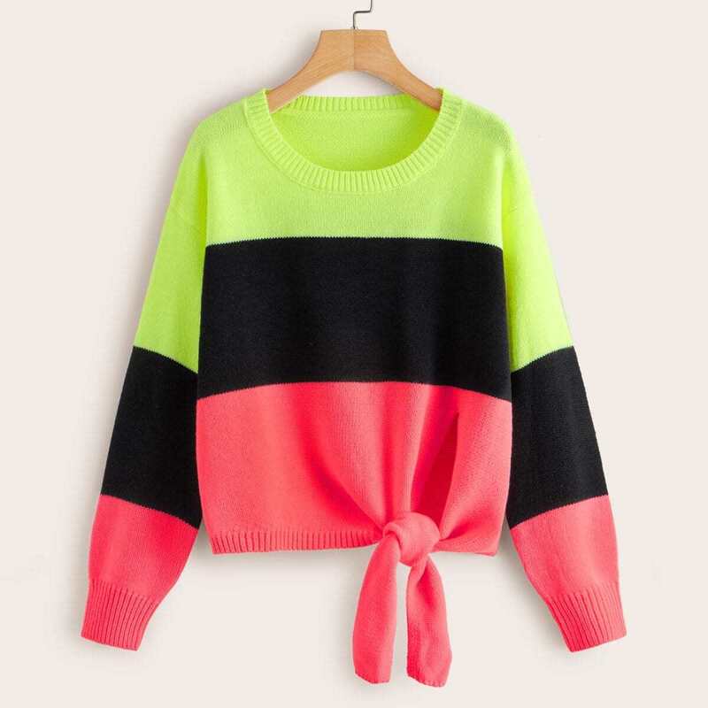 

Cut And Sew Tie Front Sweater, Multicolor