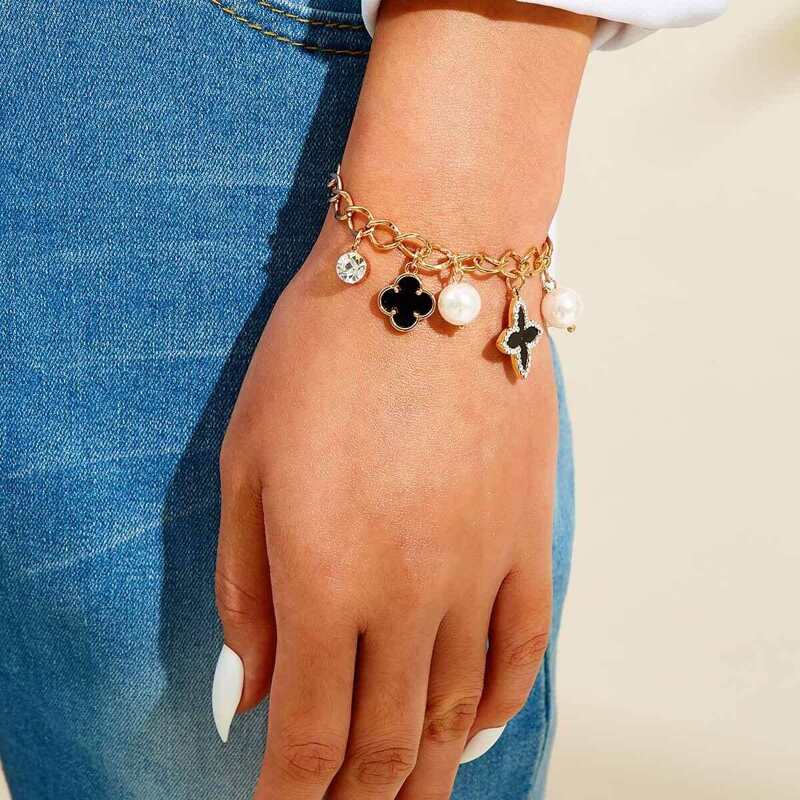 

Clover & Faux Pearl Decor Chain Bracelet 1pc, Multicolor