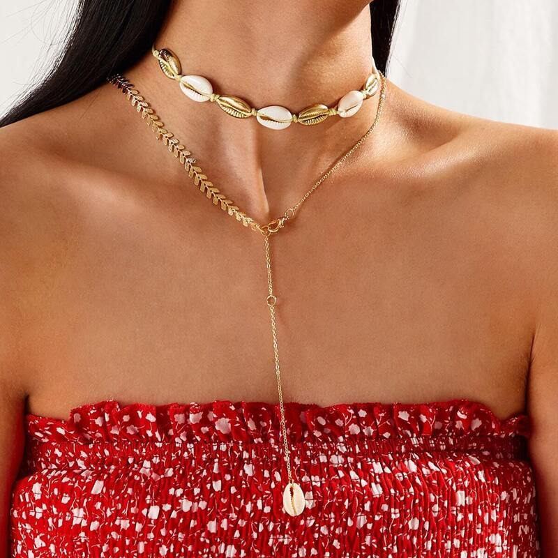 

Shell Decor Lariat Necklace 2pcs, Gold
