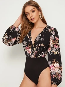 Amorya 深v領燈籠袖花卉圖案假兩件連體衣 - 彩色 - 查看 3