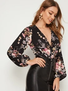 Amorya 深v領燈籠袖花卉圖案假兩件連體衣 - 彩色 - 查看 5