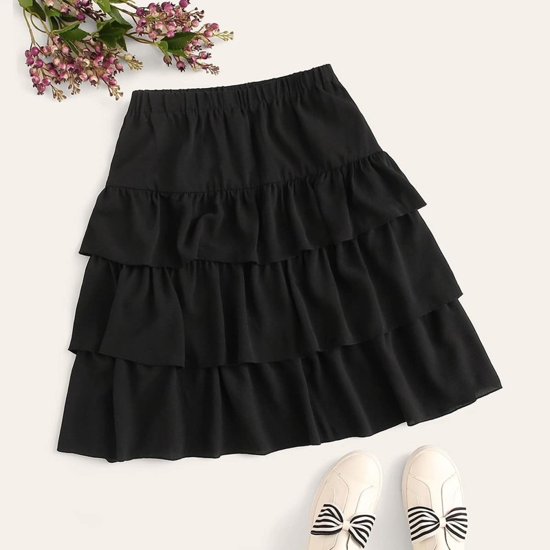 

Plus Solid Tiered Layered Skirt, Black