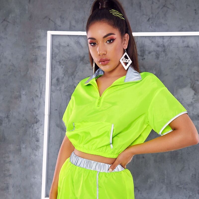 

Neon Lime Zipper Up Pocket Front Reflective Jacket, Green bright