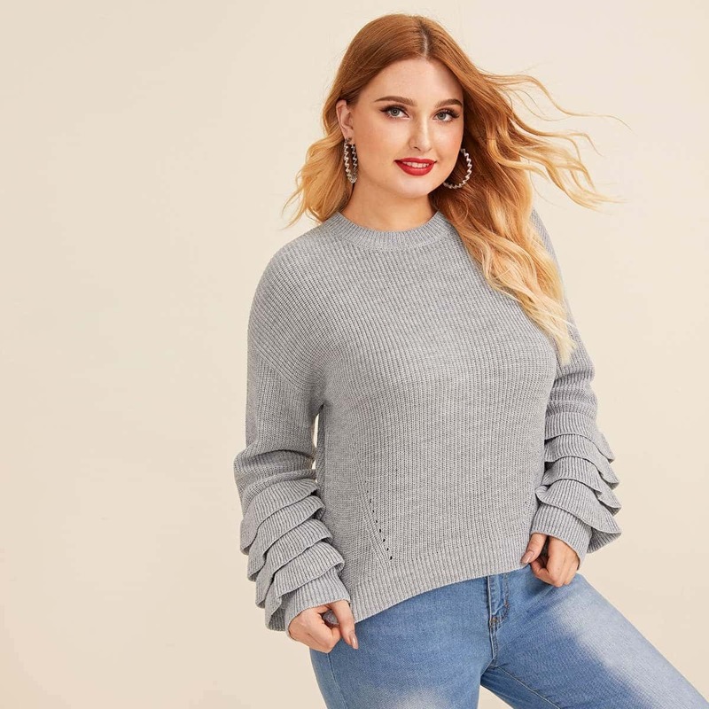 

Plus Tiered Sleeve Solid Sweater, Grey