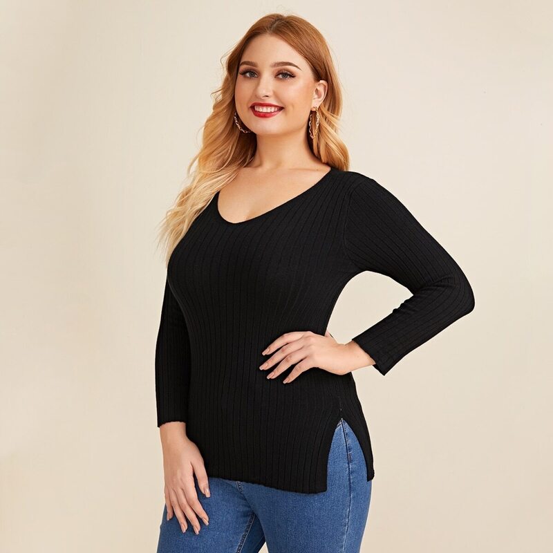 

Plus Split Side Solid Sweater, Black