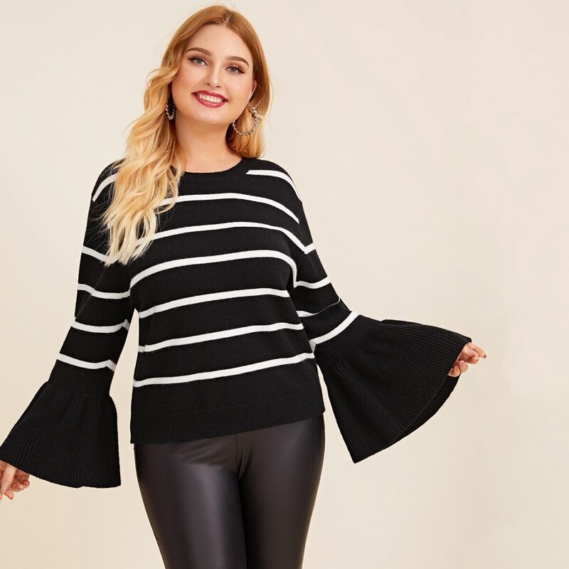 

Plus Flounce Sleeve Stripe Sweater, Black