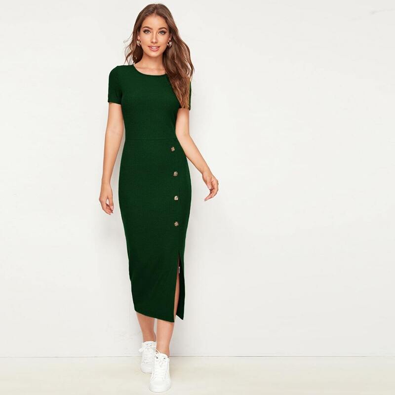 

Button Detail Split Hem Rib-knit Dress, Green
