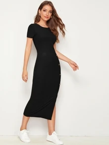 Mulvari Button Detail Split Hem Rib-knit Dress - Black - View 4