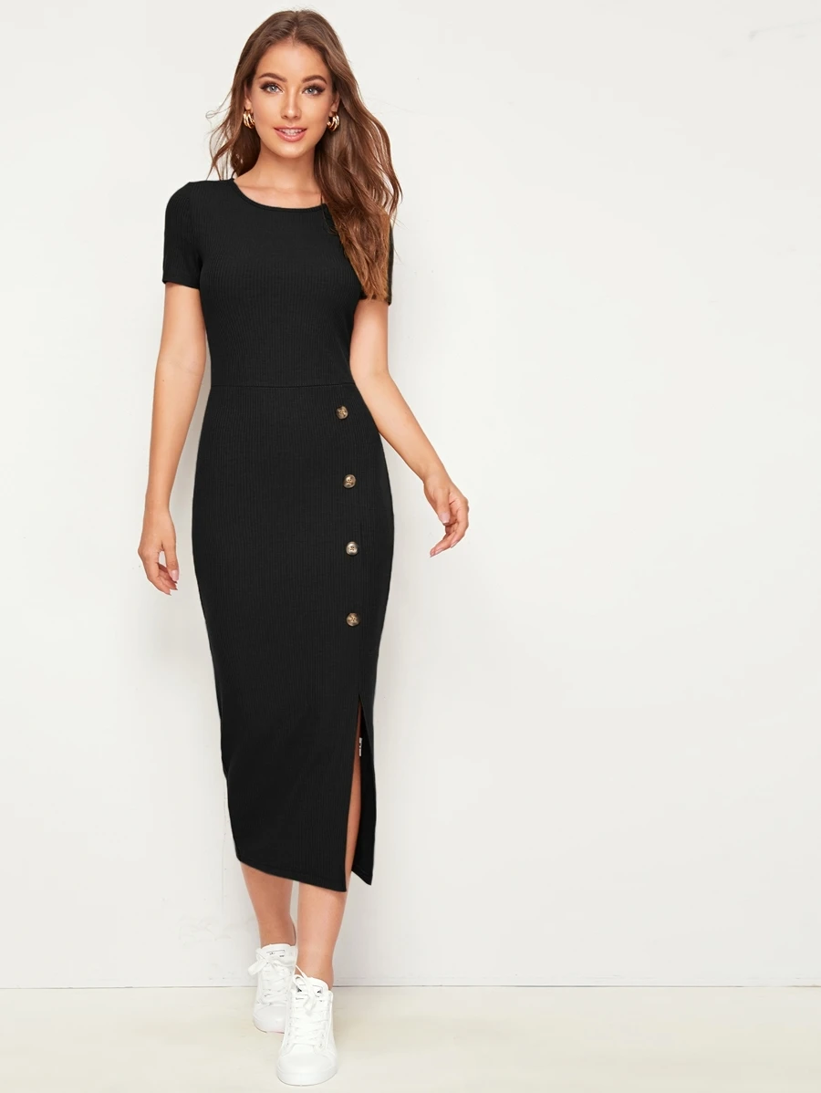 Mulvari Button Detail Split Hem Rib-knit Dress - Black - View 1