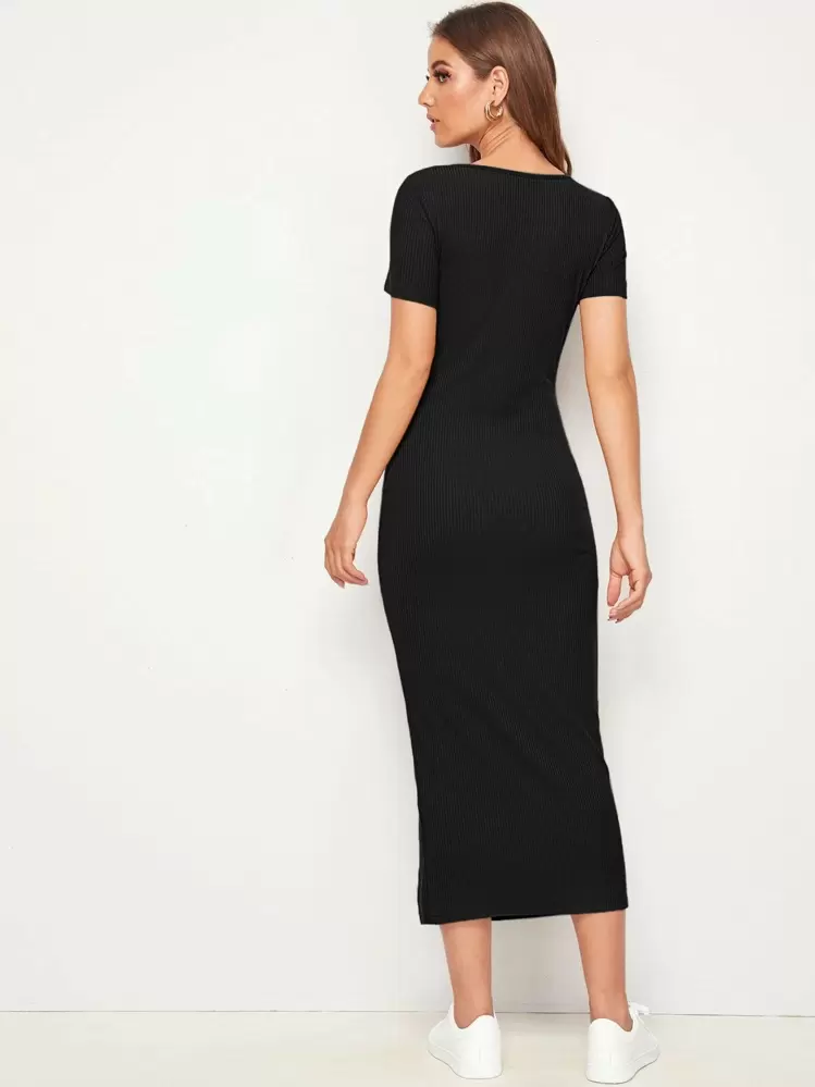 Mulvari Vestido de punto acanalado con detalle de botones y bajo dividido - Negro - Añade 2