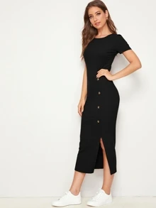 Mulvari Button Detail Split Hem Rib-knit Dress - Black - View 3