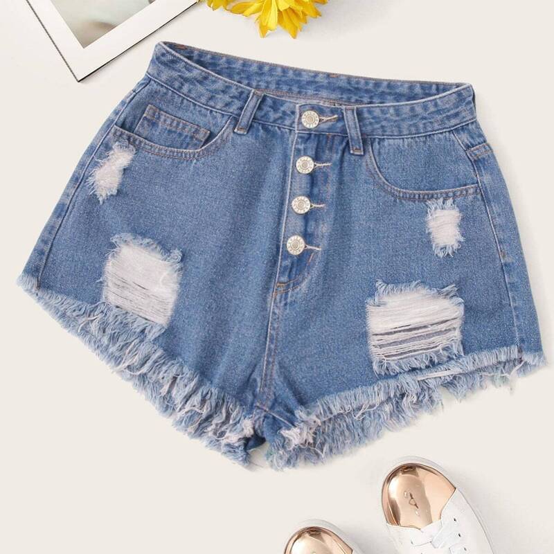 

Plus Button Fly Raw Hem Ripped Denim Shorts, Blue