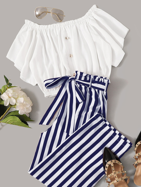 Ruffle Trim Button Shoulder Top And Striped Paper Bag Waist Pants Set
