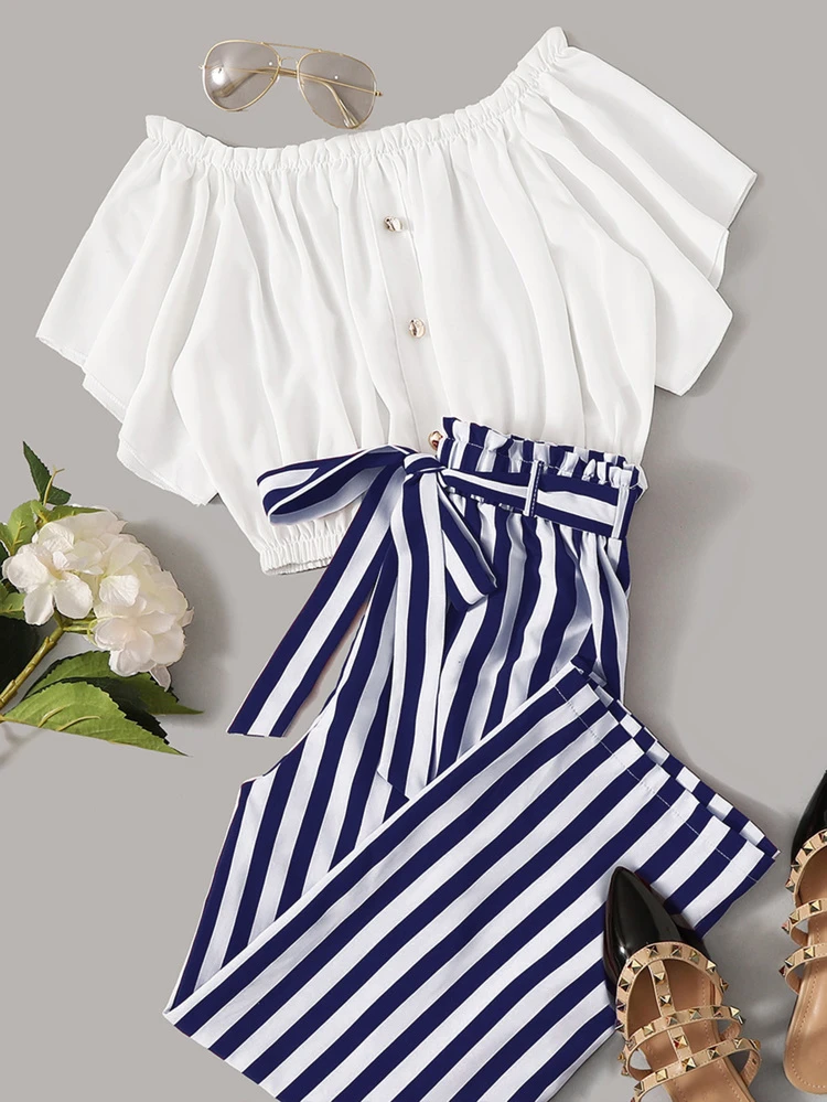 frilled button bardot top & striped paperbag waist pants set